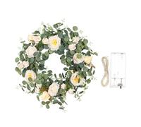 HEALSOPTHY Guirlande Suspendue la Porte Pendentif Camélia Artificiel Vert, Couronne Décorative Eucalyptus et Thé, 1 Pièce Guirlande Lumineuse, Décoration Intérieure Saisonnière pour Maison