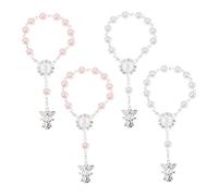 HEALSOPTHY Lot De 4 Bracelets Chapelets De Baptême Bébé Avec Pendentif Ange Argenté, Perles Blanches Et Roses Claires, Présents De Baptême Pour Fille, Fêtes Religieuses Et Baby Shower
