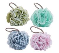 Healvian 4 pièces Éponge de Bain Exfoliante Boule de Douce et Mousseuse pour Homme et Femme Maille Résistante à Fort pouvoir Moussant Prise Confortable et Usage Suspendu