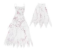 Healvian Costume de Mariée Sanglante pour Halloween Déguisement Horrible avec Voile pour Fête Masquée et Performances