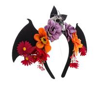 Healvian Halloween Headband Floral Skull With Bat Wings Day Of The Dead Headpiece For Costume Party Comfortable Fabric Hairband For Masquerade And Mardi Gras