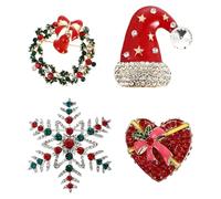 Healvian Lot de 4 Broches de Noël en Alliage avec Cristaux Décorations Festives Thème Flocon Couronne Cœur et Bonnet Accessoires Polyvalents pour Vêtements Paquet et Fêtes Hivernales