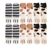 Healvian Lot de 6 paires de chaussettes pelucheuses Kawaii : chaussettes mi-mollet mignonnes à motif patte de chat pour filles - Matière épaisse et chaude en velours - Pour dormir, se détendre et