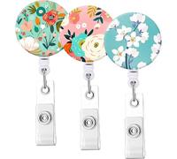 Healvian Porte-Badge d'Infirmière en Lot de 3, Enrouleurs Rétractables Clip Extensible pour Cartes et Clés, Motif Floral, Usage Médical Professionnel Bleu Rose Vert