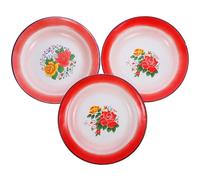 Healvian Set de 3 Assiettes Émaillées Vintage en Fer Rouge Épaisses pour Servir Snacks et Plats Vapeur, Design Chinois, Écologique, pour Pique-niques et Repas Style Style Aléatoire