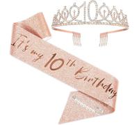 Heanvmyss Ensemble Echarpe et Couronne pour 10e Anniversaire,Anniversaire Ceinture et Diadème,Birthday Sash and Tiara,Happy Birthday Party Supplies Décoration pour Femme Fille(Or Rose)