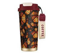 Heaps of Orange Monarch Butterfly Bouteille d'eau avec couvercle à paille en acier inoxydable à large goulot isotherme anti-fuite pour femme Rouge