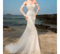 HEARBOBO Robe de soirée formelle blanche de style baroque vintage avec appliqué en dentelle, robe de mariée sirène de style bohème L,M,S,XLTissu tissé