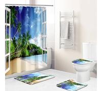 Hearda 4 Pièces Ensemble Rideau de Douche, Motif 3D Rideau de Douche Tissu Lavable à 12 Crochets et Tapis de Bain, Couvre-Abattant de Toilettes et Tapis en Forme de U Lavable (Île)