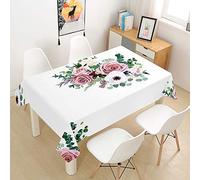 Hearda Nappe Imperméable Polyester, Imprimé Rose/Antitache/Antifouling/Anti-Poussière/Lavable, Nappe de Cuisine de Jardin pour Table rectangulaire/Table à Dinner (Blanc,150x210cm)