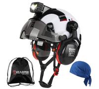HEARMOR VOLTEK Casque de protection industriel certifié CE EN397 avec lampe frontale LED + visière et protection auditive | Pour travaux forestiers, travaux de construction et escalade | Casque de