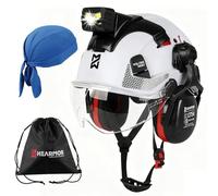 HEARMOR VOLTEK Casque de protection industriel certifié CE EN397 avec lampe frontale LED + visière et protection auditive | Pour travaux forestiers, travaux de construction et escalade | Casque de