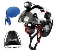 HEARMOR VOLTEK Casque de protection industriel certifié CE EN397 avec lampe frontale LED + visière et protection auditive | Pour travaux forestiers, travaux de construction et escalade | Casque de