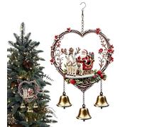 Heart 2D Acrylic Christmas Wind Chime, Santa Reindeer Bell Pendant | Clear Printed Heart Frame with Santa and Reindeer Motifs, Three Metal Bells Produce Crisp Pleasant Sound, Easy Hanging Hook