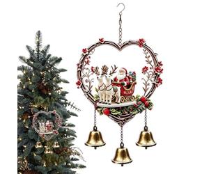 Heart 2D Acrylic Christmas Wind Chime, Santa Reindeer Bell Pendant | Clear Printed Heart Frame with Santa and Reindeer Motifs, Three Metal Bells Produce Crisp Pleasant Sound, Easy Hanging Hook