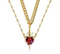 Heart and Sword Necklace, You are in My Heart Couples Necklace Matching Necklace, Red Crystal Heart Sword Pendant Layered Romantic Necklace, Jewelry Gift for Her Him (Both Gold)