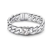 Heart Cuban Chain Sterling Silver Ring with Clear Cubic Zirconia