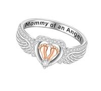 Heart Footprint Miscarriage Ring | Silver Zinc Alloy Wing Design Memorial Jewelry for Mothers, Sizes 7-10 (54.4mm-62.1mm), Pregnancy Loss Keepsake Kids Feet Symbol Ring for Women Gift