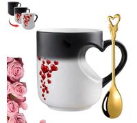 Heart-Shaped Color Changing Magic Ceramic Mug, Funny Color Changing Coffee Cup with Heart Handle for Valentine's Day, Surprise Design When Filled with Hot Beverage, Gift for Anniversary (Black)