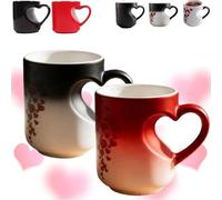 Heart-Shaped Color Changing Magic Ceramic Mug, Thermochromic Magic Reveal Design with Fun Reveal Pattern, Heart Shaped Handle Ceramic Coffee Cup Romantic Gift for Couples (2PCS*Black+Red)