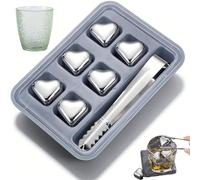 Heart-Shaped Stainless Steel Reusable Ice Cubes Set, 304 Stainless Steel Heart Shaped Ice Cubes Set, Reusable Metal Chilling Stones for Drinks Whiskey Wine with Storage Box and Tongs (6Pack)