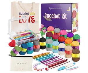 Hearth & Harbor Kit d'apprentissage du crochet pour adultes débutants - Petit ensemble de crochet avec 9 crochets et 50 m de fil pour kit de crochet, sac fourre-tout en toile et bien plus encore