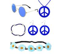 Heartsking 5 Pièces Bleu Accessoires Hippie, Annees 70 Bandeaux Bracelets en Perles Lunettes Colliers et Boucles d'oreilles de la Paix, Accessoires Hippie pour Halloween Soirée Disco
