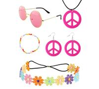 Heartsking 5 Pièces Rose Accessoires Hippie, Annees 70s Bandeaux Bracelets Lunettes Colliers et Boucles d'oreilles de la Paix, Deguisement Annee 80 Femme pour Halloween Soirée Disco