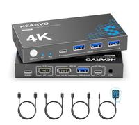 Hearvo Commutateur KVM USB 3.0 HDMI + USB-C, 1 moniteur, 2 ordinateurs, commutateur KVM 4K @ 60 Hz pour PC et ordinateur portable/Mac mini moniteur de partage clavier, souris et périphériques USB