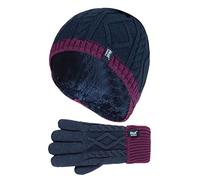 Heat Holders - Ensemble bonnet avec pompon et gants d'hiver en tricot torsadé et intérieur en polaire pour enfants - Bleu - Taille unique