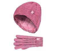 Heat Holders - Ensemble bonnet avec pompon et gants d'hiver en tricot torsadé et intérieur en polaire pour enfants - Rose - Taille unique