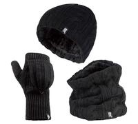 HEAT HOLDERS - Femme Polaire Thermique Tricot Bonnet, Cache-Cou et Gants sans Doigts (Taille unique, Noir)
