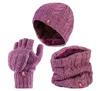 HEAT HOLDERS - Femme Polaire Thermique Tricot Bonnet, Cache-Cou et Gants sans Doigts (Taille unique, Rose)