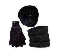 HEAT HOLDERS Homme Bonnet et Gants Hiver Tricoté Polaire Thermique Chaude Ensemble Bonnet Cache-cou et Gants (L-XL, Noir)