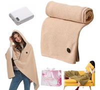 Heated Blanket Wrap Shawl for Women, Couverture Chauffante USB pour Femme, Portable, avec Fermeture éclair, poncho chauffant, capuche et 3 niveaux de chauffage (Apricot, With power bank)