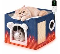 Heated Cat House Bed for Indoor Cats,Cat Hideway for Sleeping | 9 Heat Settings & 12H Timer, Foldable Cat Cave Hideaway with Scratching Pad and Plush Ball for Winter(Blue)