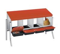 Heavy Duty Chicken Nesting Box - 4 Compartments, Roll-Away Egg Collection Tray, Galvanized Steel, Wall Mount Or Freestanding, Ventilated, Orange Color, Four Grids + Bracket