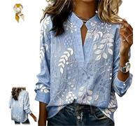 Heavy Industry Stand Collar Embroidered Blouse,Women's Elegant Spring Summer V-Neck Long Sleeve Floral Embroidered Top (FR/ES, Alpha/Lettres, M, Taille Normale, Taille Normale, Blue)