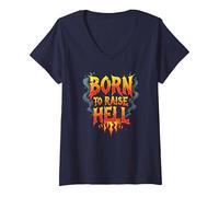 Heavy Metal Born to Raise Hell Rocker Slogan Rebel T-Shirt avec Col en V, Femme, Bleu Marine, XXL