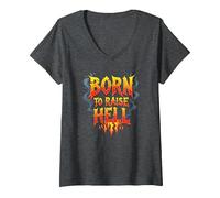 Heavy Metal Born to Raise Hell Rocker Slogan Rebel T-Shirt avec Col en V, Femme, Chiné Foncé, M