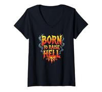 Heavy Metal Born to Raise Hell Rocker Slogan Rebel T-Shirt avec Col en V, Femme, Noir, M