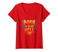 Heavy Metal Born to Raise Hell Rocker Slogan Rebel T-Shirt avec Col en V, Femme, Rouge, XL