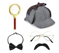 HEAWAA 5 Pièces Accessoires de Costume de Détective, Sherlock Holmes Cosplay Accessoires avec chapeau de Détective Lunettes Fausse Moustache Loupe Nœud papillon pour Carnaval Fête Halloween (#Gris-1)