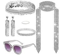 HEAWAA 7 Pièces Deguisement Disco des Années 1970, d'Accessoires de Disco Lunette Bandeau Bracelet Collier Anneaux Boucles d'oreilles Écharpe pour Femmes Fête d'anniversaire Annee 70 80