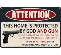 HEBELYX Gun Signs This Home is Protected By GOD and Gun Plaque en métal antirouille, résistante aux intempéries et à la décoloration, montage facile, utilisation intérieure et extérieure, 30,5 x 20,3