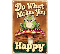 HEBELYX Huit - 895 - 895 - Décoration murale amusante en forme de champignon en forme de grenouille en métal avec inscription Do What Makes You Happy - 30,5 x 20,3 cm