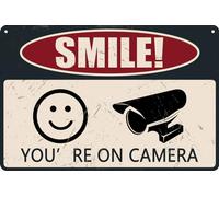 HEBELYX Panneau en métal Smile You're on Camera - 30,5 x 20,3 cm - Pour la maison, les affaires, l'allée, la vidéosurveillance - Eight - 1157