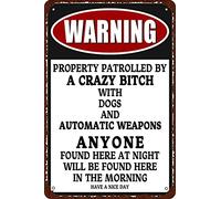 HEBELYX Plaque en métal vintage avec inscription « Warning No Tresspassing Property Patrolled by a Crazy with Dogs » - Décoration murale rétro amusante pour maison, bar, pub, café, ferme - 20,3 x 30,5