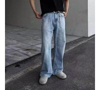 HEBEOT Jean slim bleu délavé pour homme, style décontracté, tissu polyester confortable, taille moyenne, légèrement extensible, couleur unie pour le quotidien et le lieu de travail, toutes les mers (S