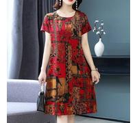 HEBEOT Robe décontractée rétro à manches courtes pour femme, coupe ample pour mère, disponible en L à 5XL, tissu polyester noir ou rouge, confortable à porter au quotidien (L rouge)